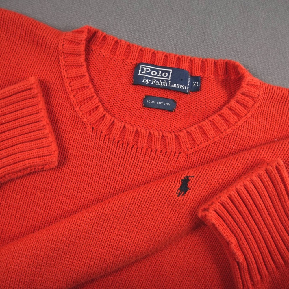 Vintage Polo Ralph Lauren Mens Knit Crew Neck Pullover Sweater Orange Cotton XL